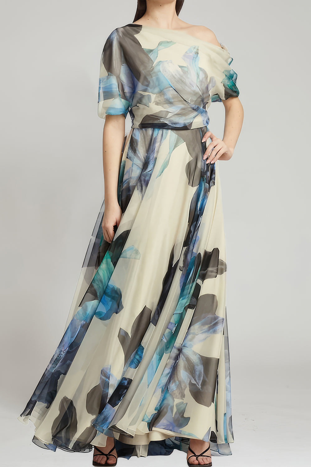 Off-Shoulder Asymmetrical Floral Print Maxi Dress