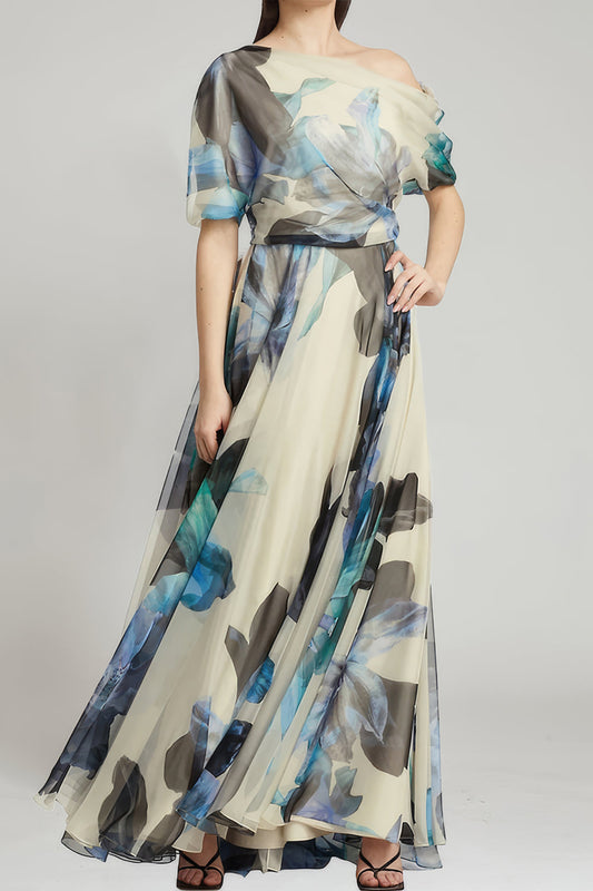 Off-Shoulder Asymmetrical Floral Print Maxi Dress