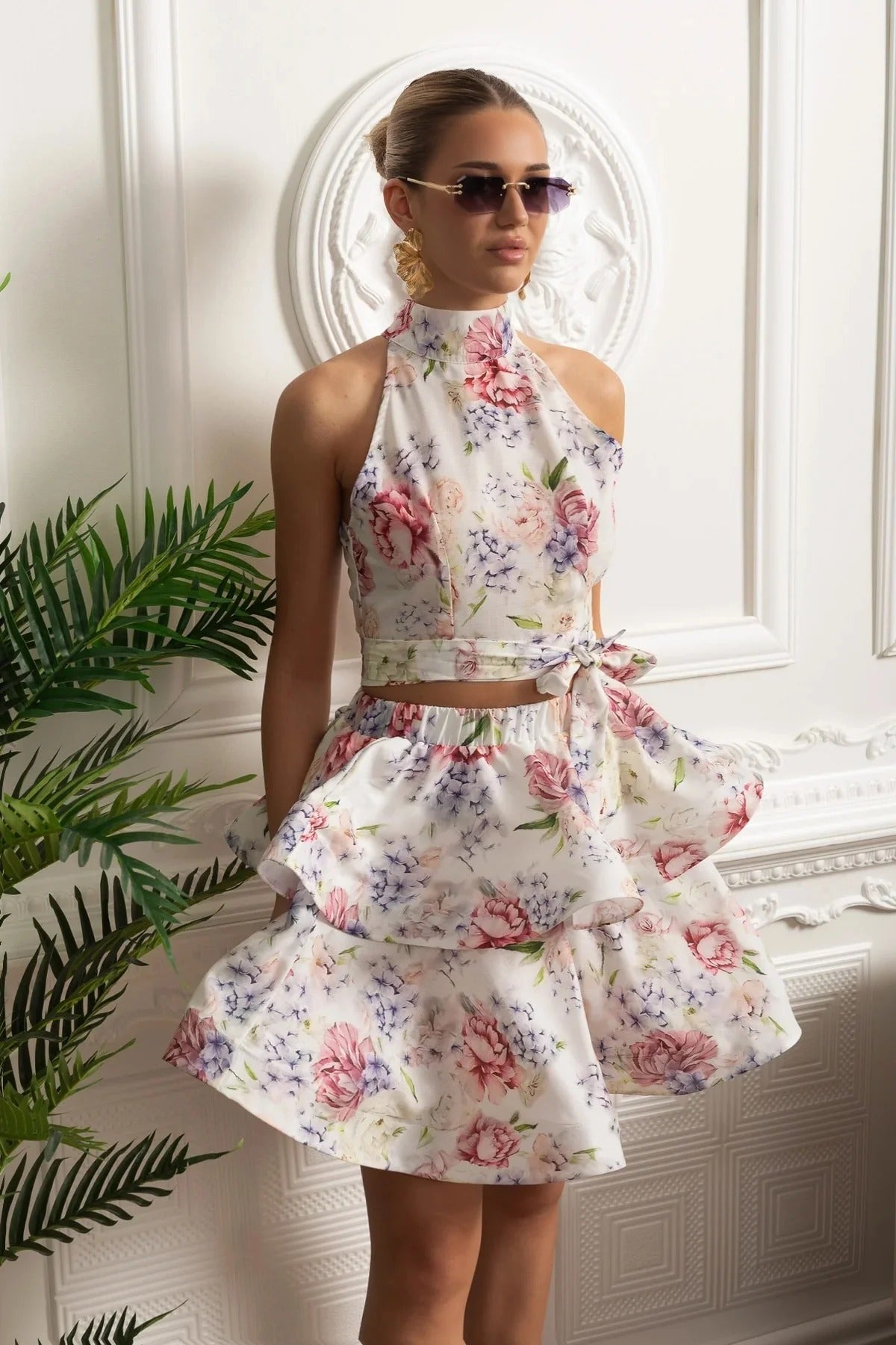 Halter Crop Top And Ruffle Mini Skirt Set - White