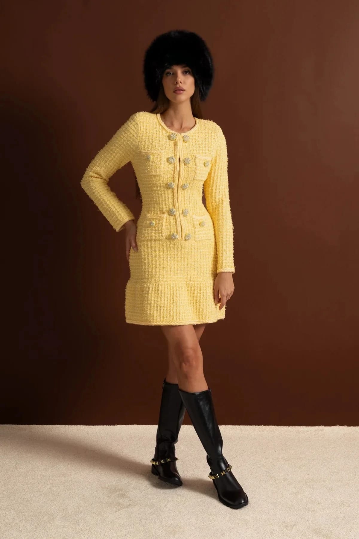 Long Sleeve Mini Dress with Decorative Buttons and Front Pockets - Yellow