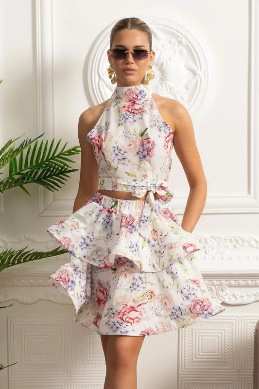 Halter Crop Top And Ruffle Mini Skirt Set - White