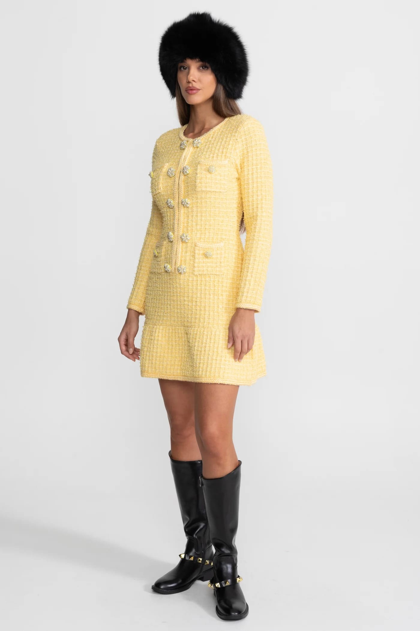 Long Sleeve Mini Dress with Decorative Buttons and Front Pockets - Yellow