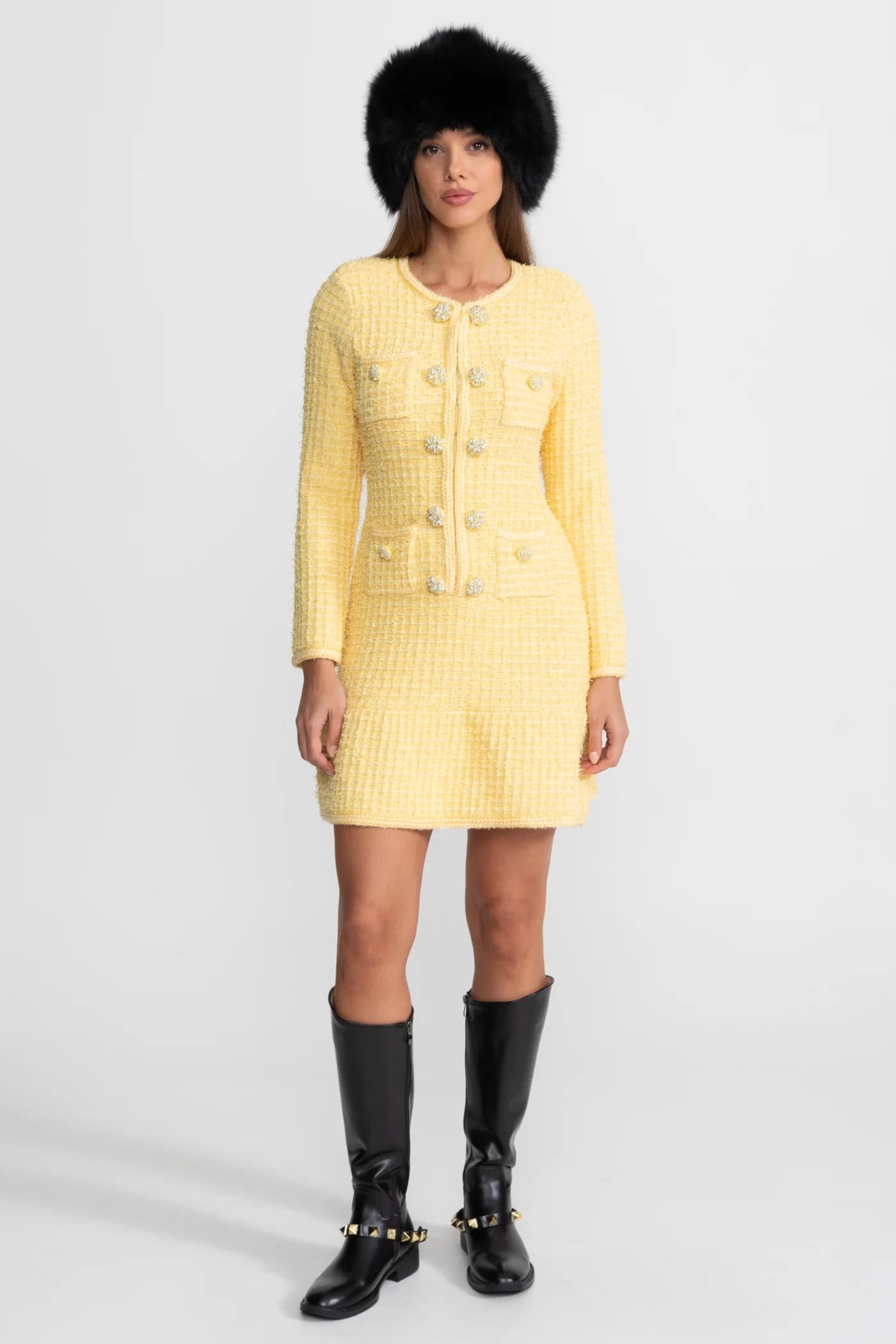 Long Sleeve Mini Dress with Decorative Buttons and Front Pockets - Yellow