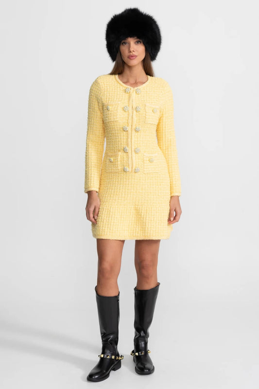Long Sleeve Mini Dress with Decorative Buttons and Front Pockets - Yellow