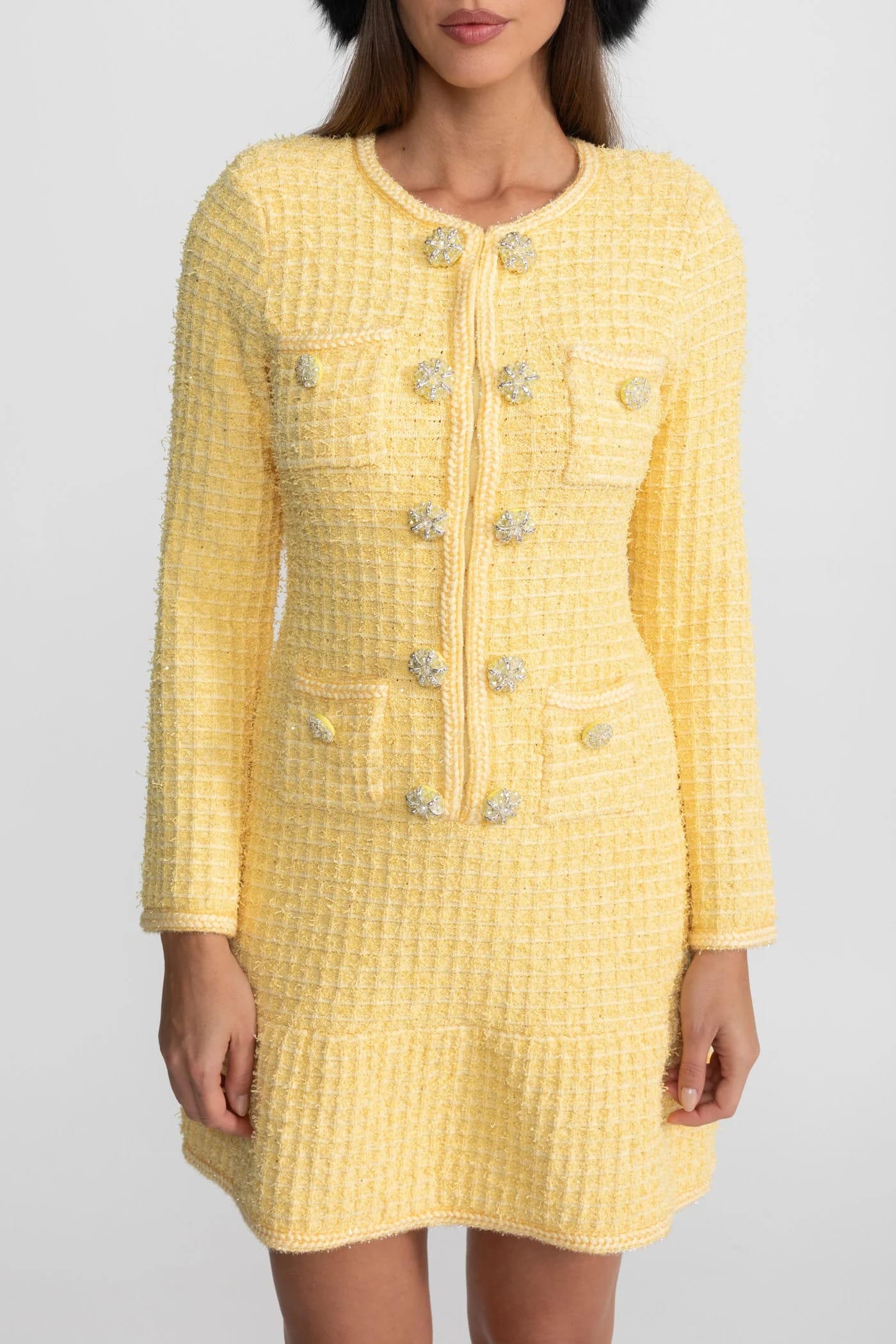 Long Sleeve Mini Dress with Decorative Buttons and Front Pockets - Yellow