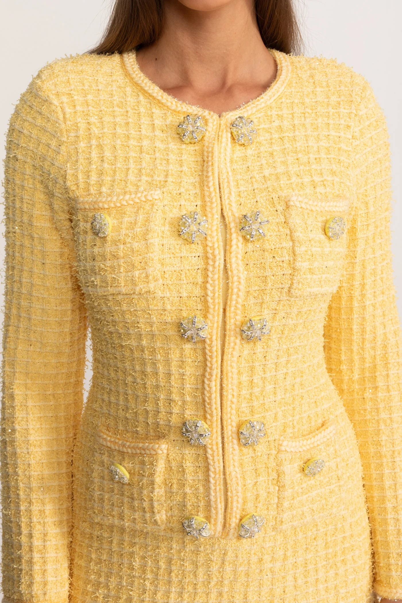 Long Sleeve Mini Dress with Decorative Buttons and Front Pockets - Yellow