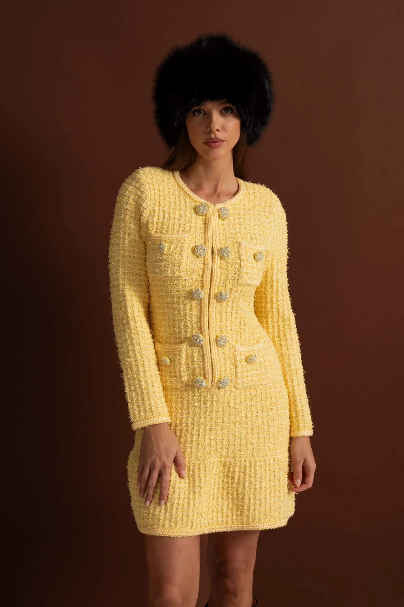 Long Sleeve Mini Dress with Decorative Buttons and Front Pockets - Yellow