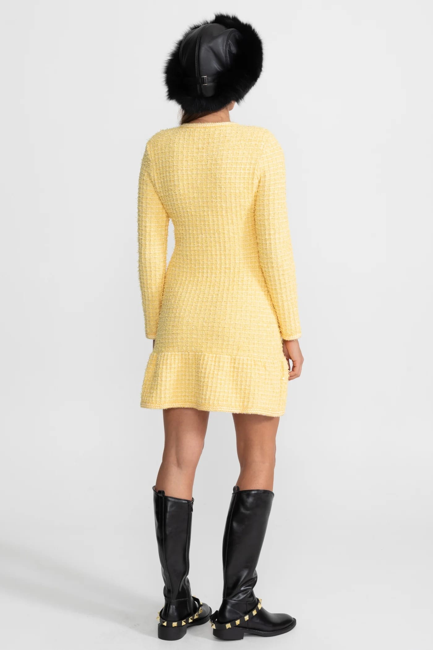 Long Sleeve Mini Dress with Decorative Buttons and Front Pockets - Yellow