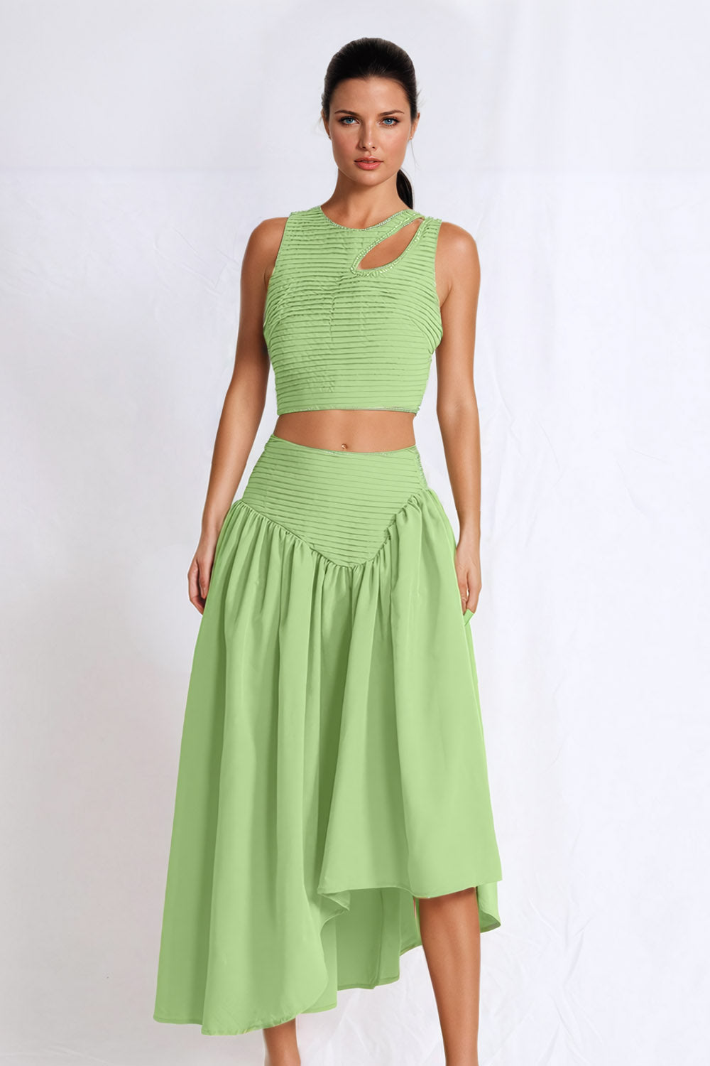 Sleeveless Crop Top and Asymmetrical Pleated Skirt Co-Ord Set - Green