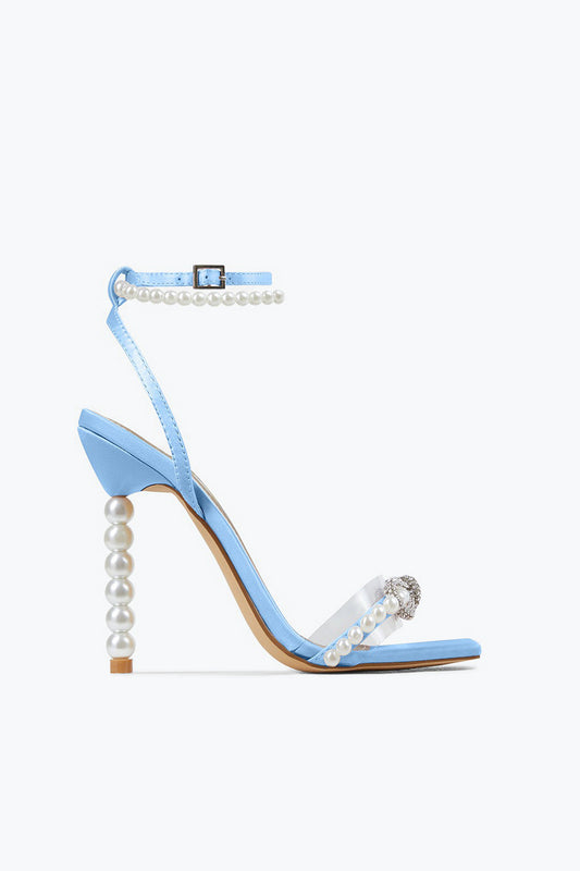 Strappy Sandals with Pearl Heel and Bow Detail - Blue