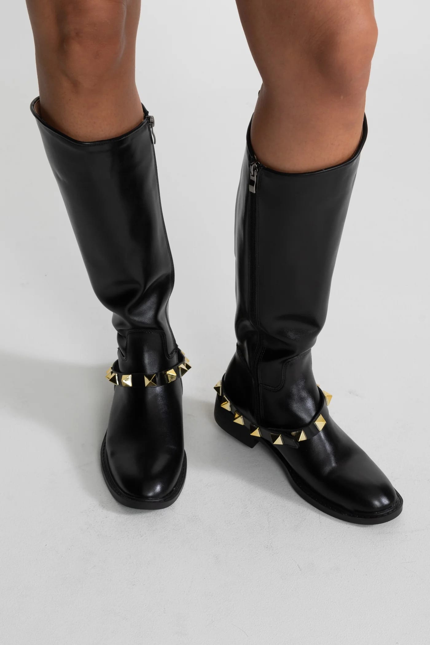 Knee High Boots with Stud Strap Detail - Black