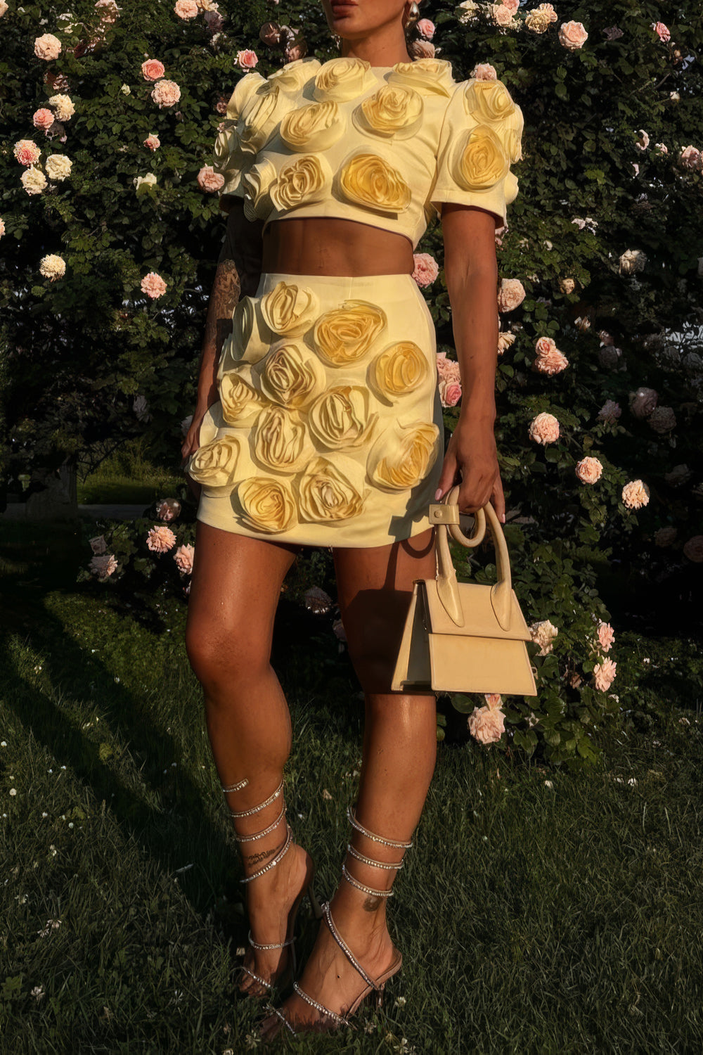 Two-Piece Set with 3D Floral Top and Mini Skirt