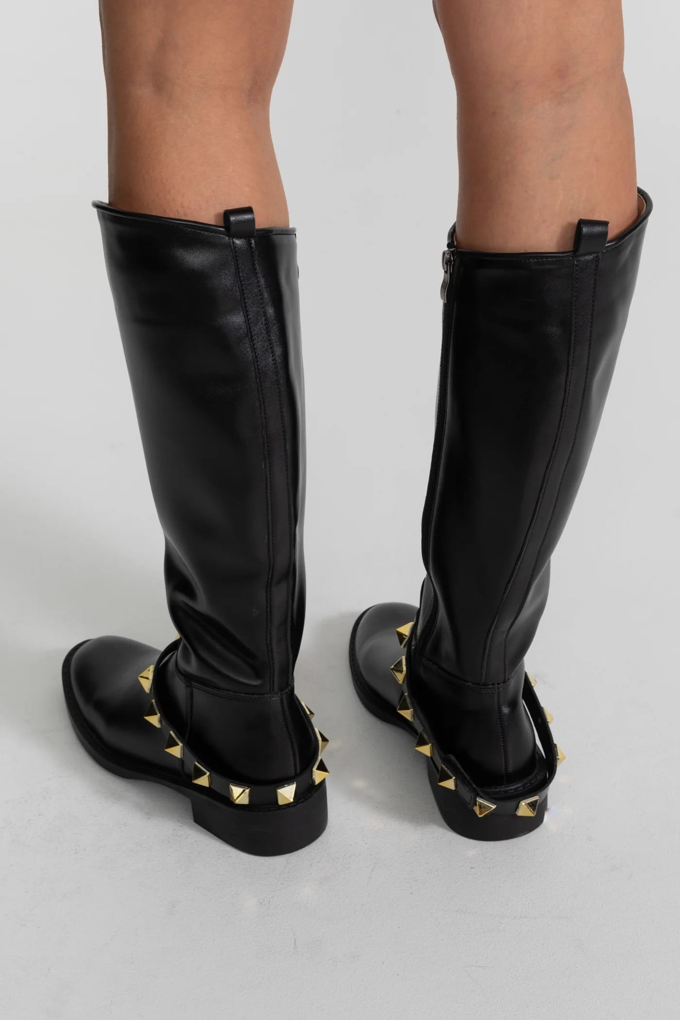 Knee High Boots with Stud Strap Detail - Black