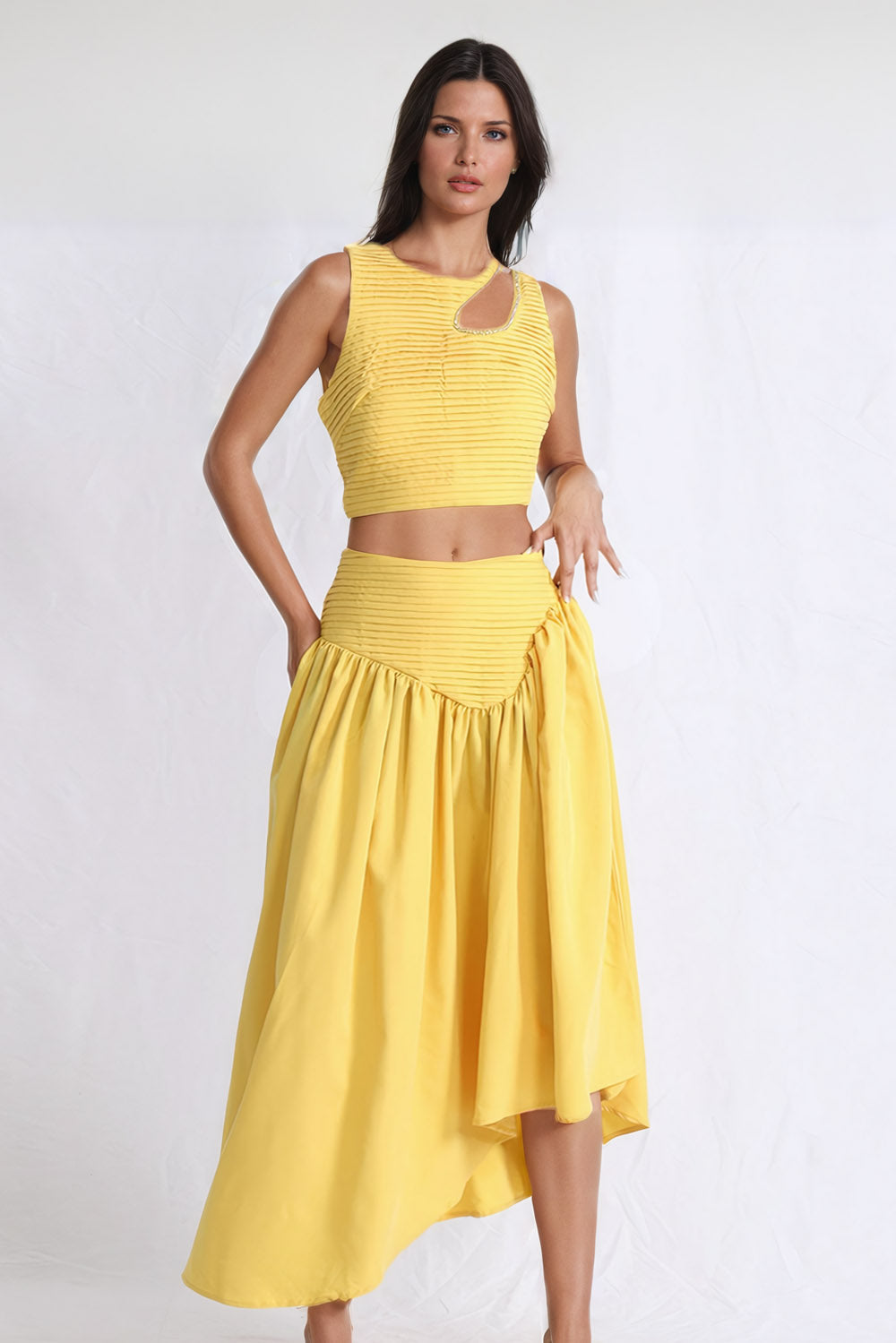 Sleeveless Crop Top and Asymmetrical Pleated Skirt Co-Ord Set - Yellow