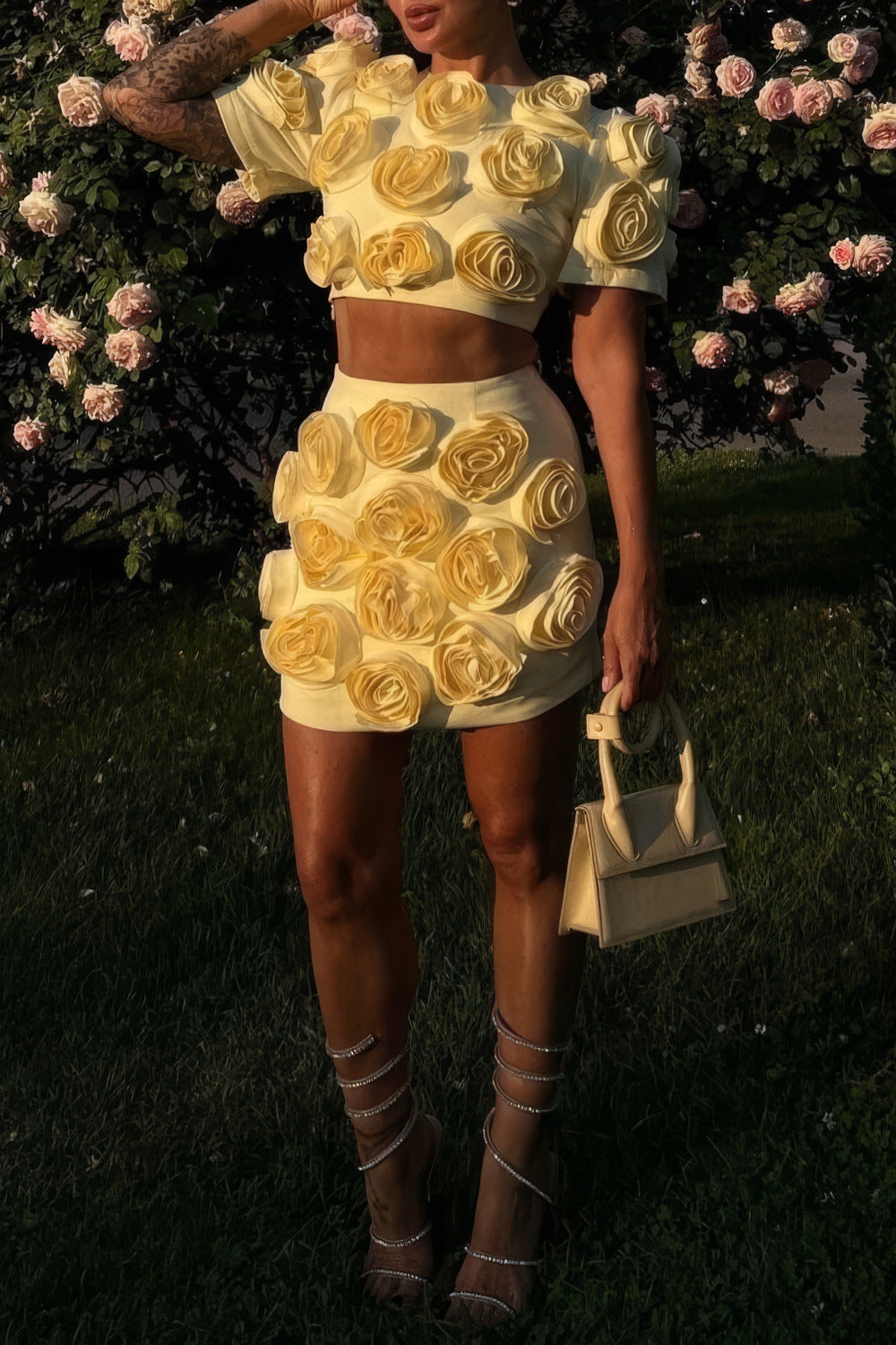 Two-Piece Set with 3D Floral Top and Mini Skirt