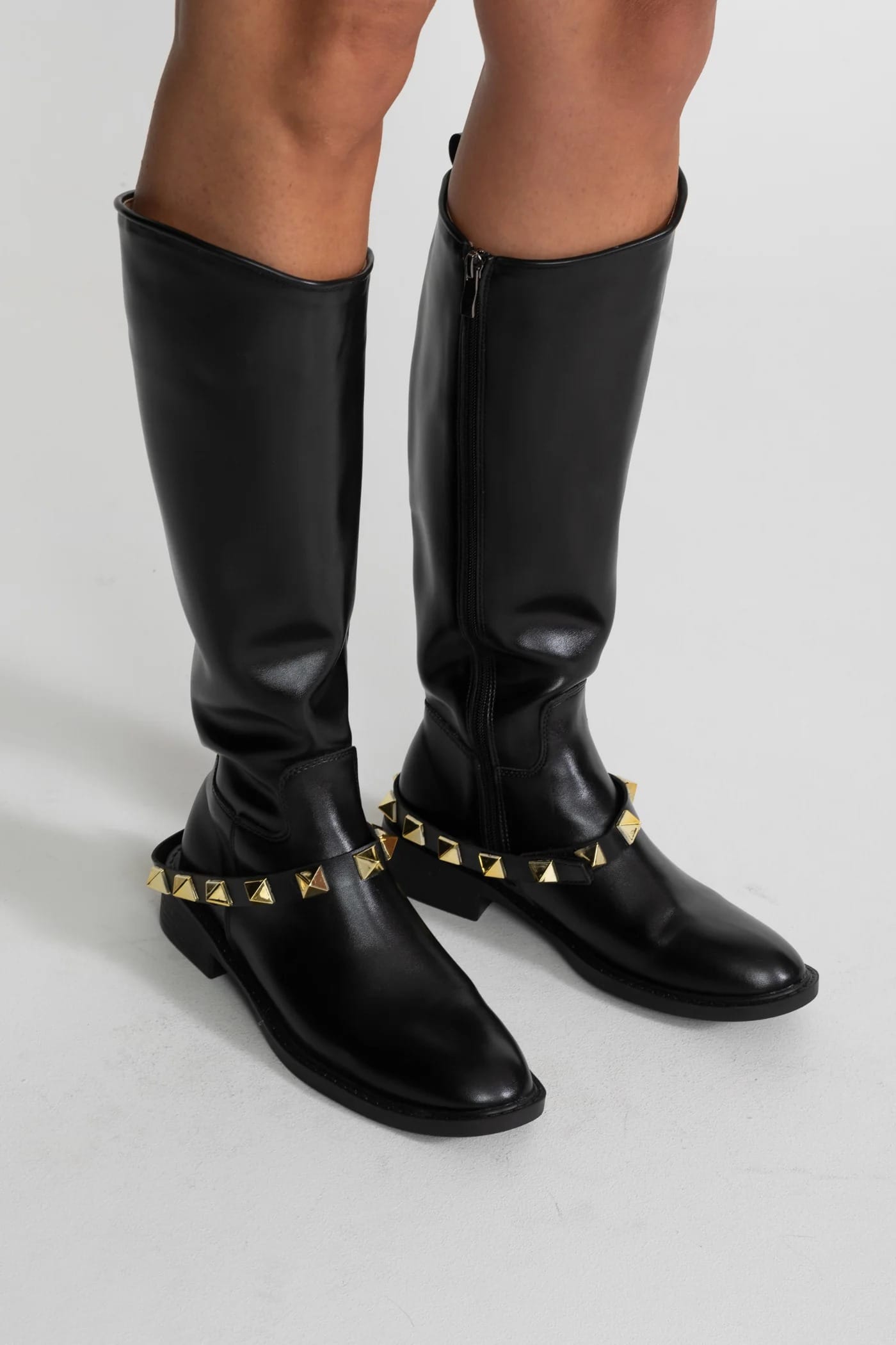 Knee High Boots with Stud Strap Detail - Black