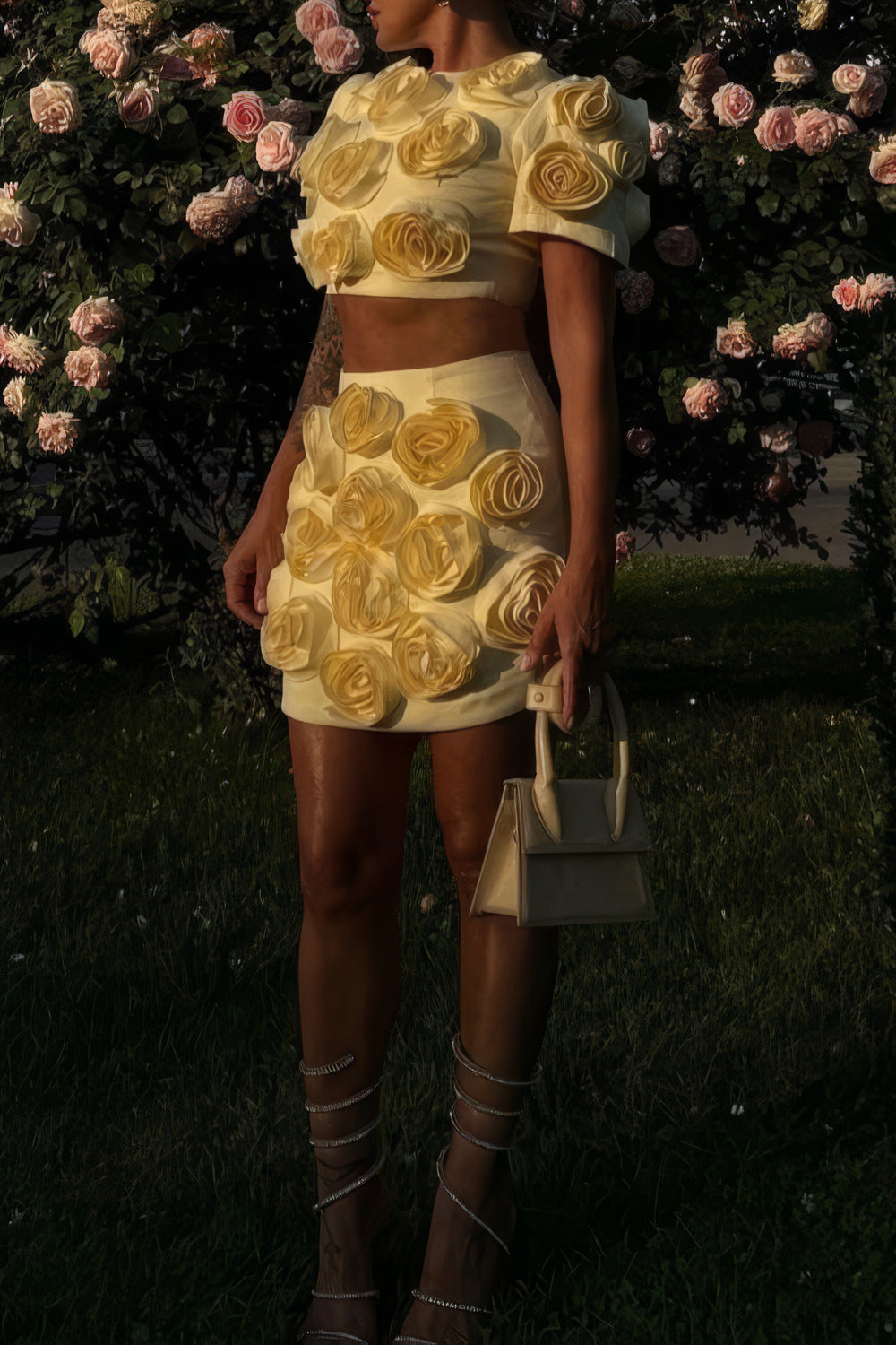 Two-Piece Set with 3D Floral Top and Mini Skirt