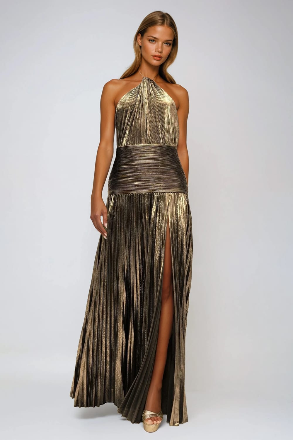 Halter Neck Pleated Maxi Dress - Brown