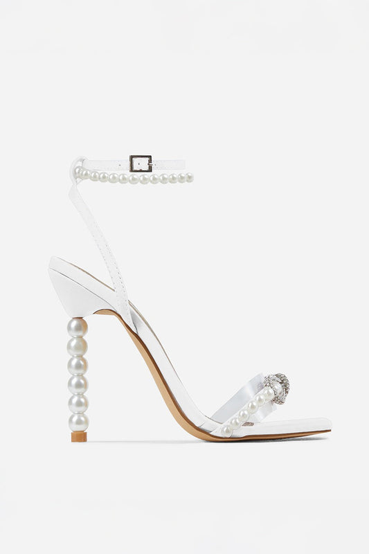 Strappy Sandals with Pearl Heel and Bow Detail - White