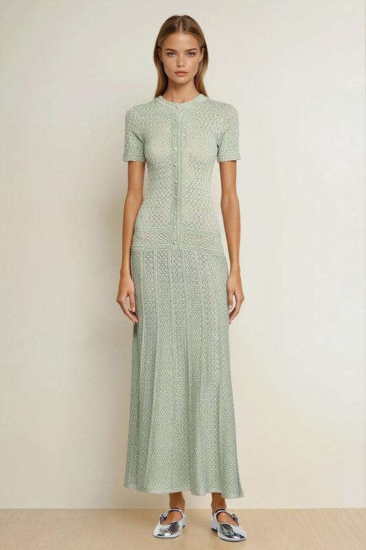Knitted Maxi Dress with Short Sleeves and Front Buttons - Green