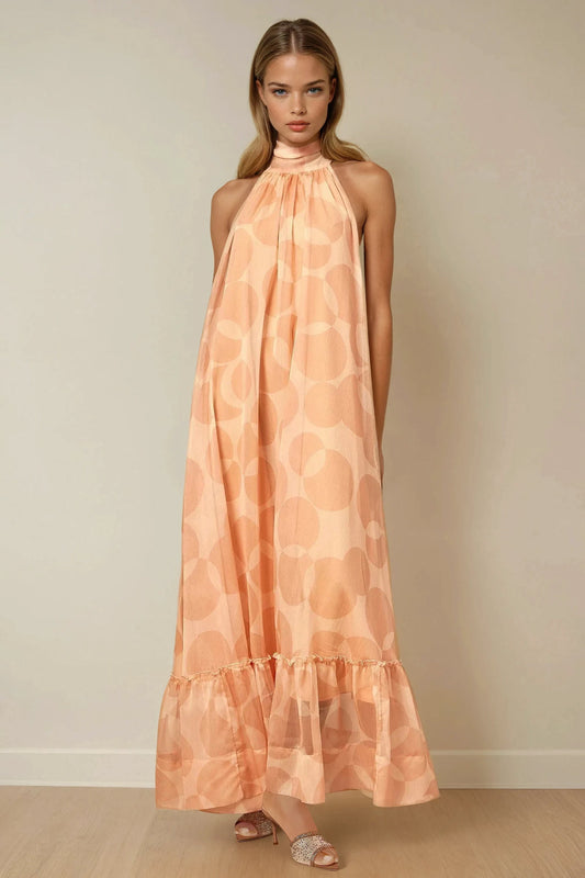 Halter Neck Circle Pattern Maxi Dress - Orange