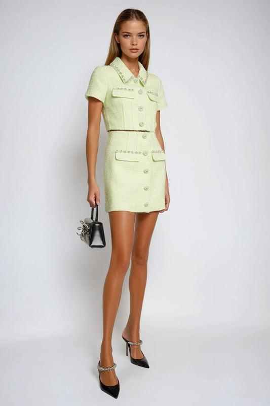 Two-Piece Set with Rhinestone Detail Short Sleeve Top and Mini Skirt - Green