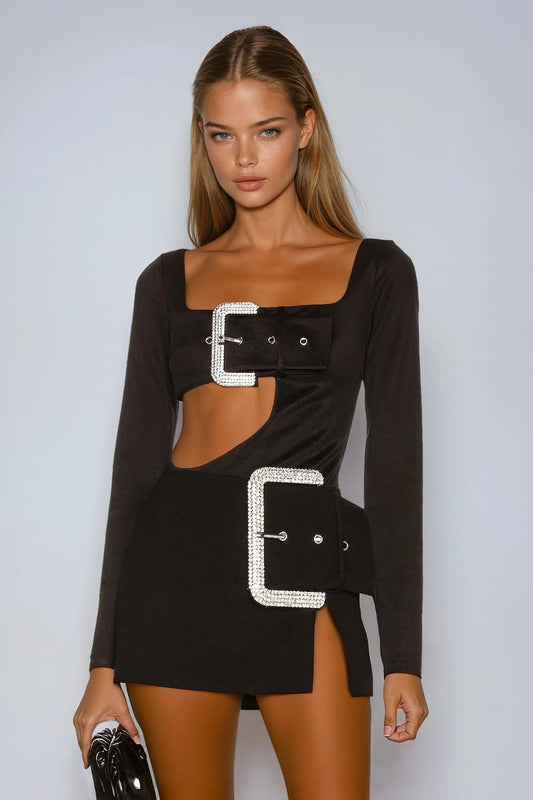 Two-Piece Set with Long Sleeve Cut-Out Top and Buckle Detail Mini Skirt - Black