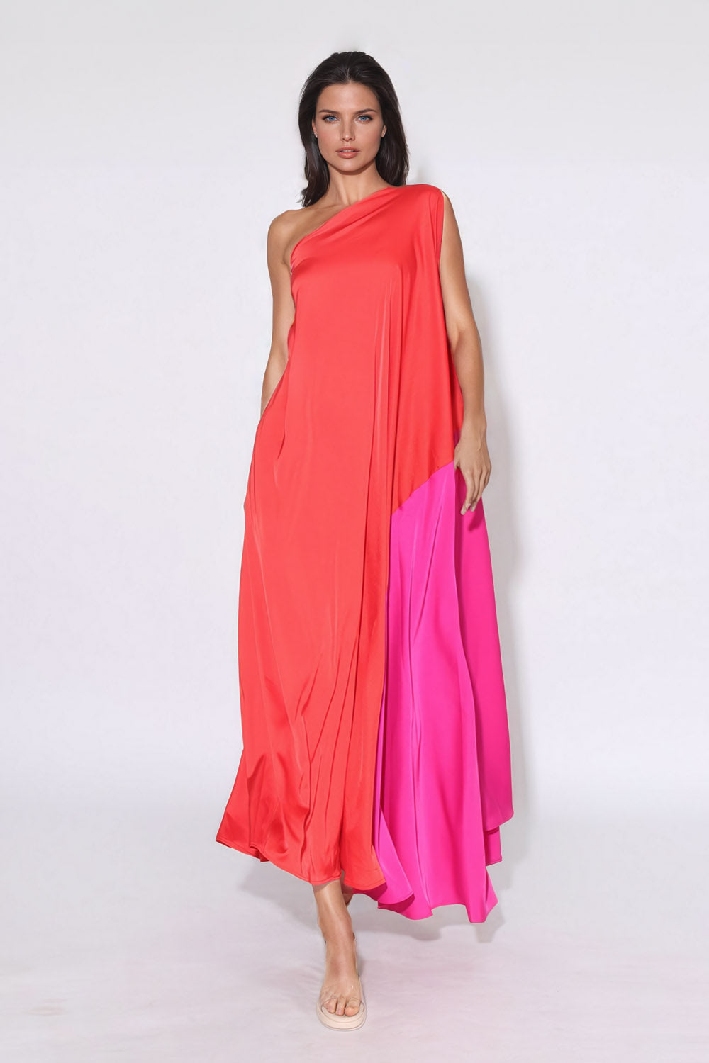 Asymmetrical Maxi Dress with Draped Detailing - Orange