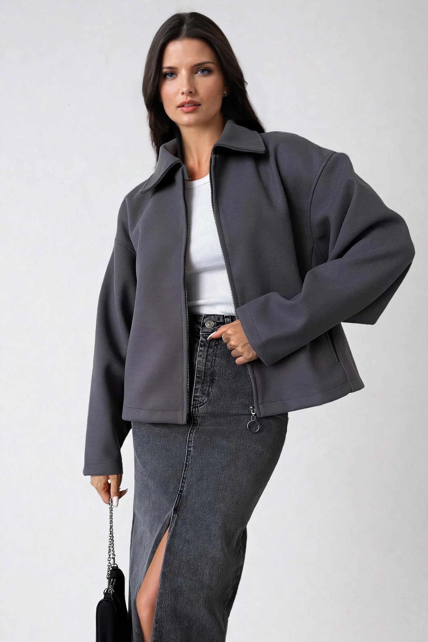 Oversized Collared Jacket - Gray