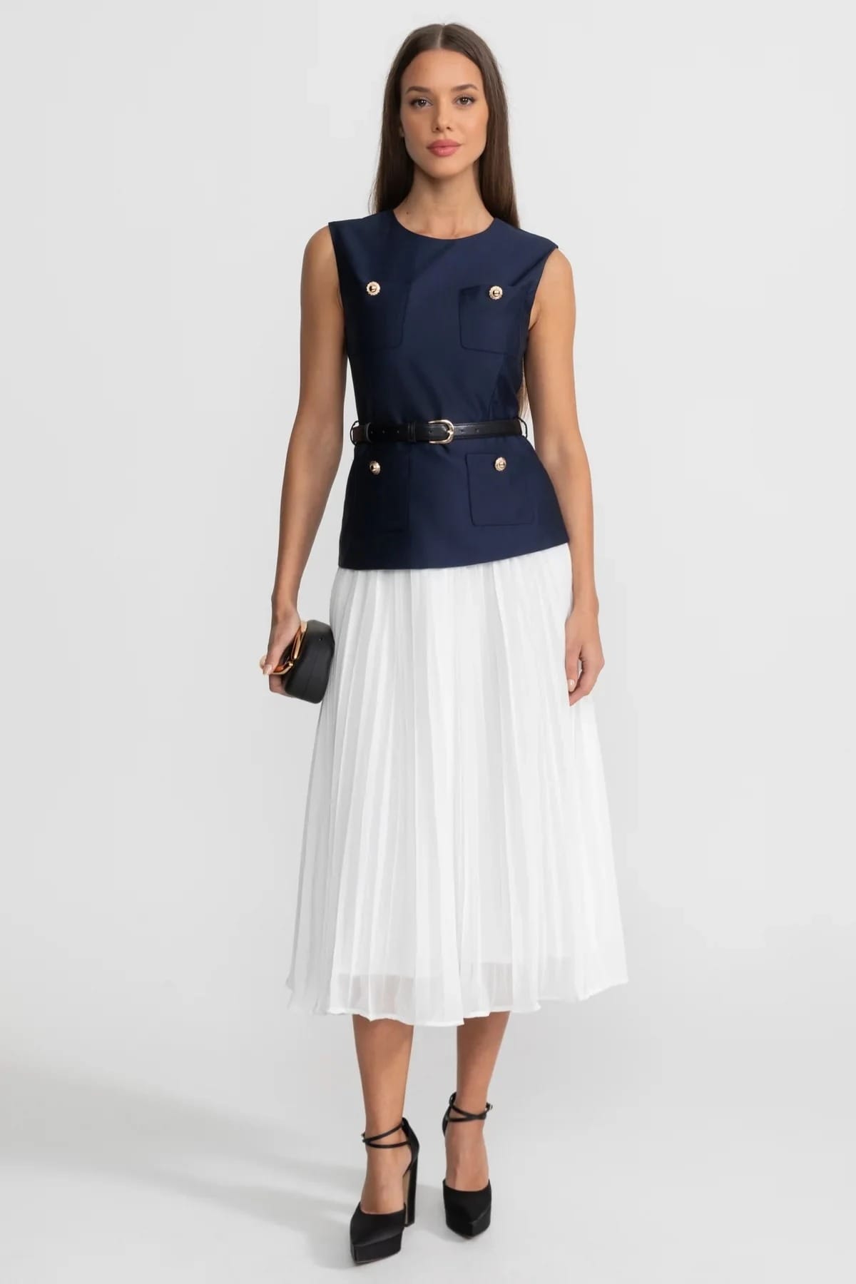 Sleeveless Belted Midi Dress with Pleated Skirt - Blue