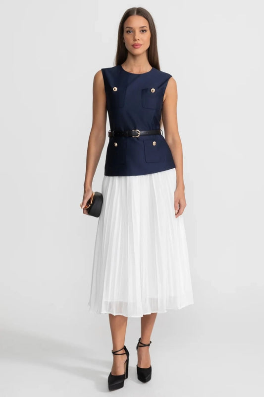 Sleeveless Belted Midi Dress with Pleated Skirt - Blue