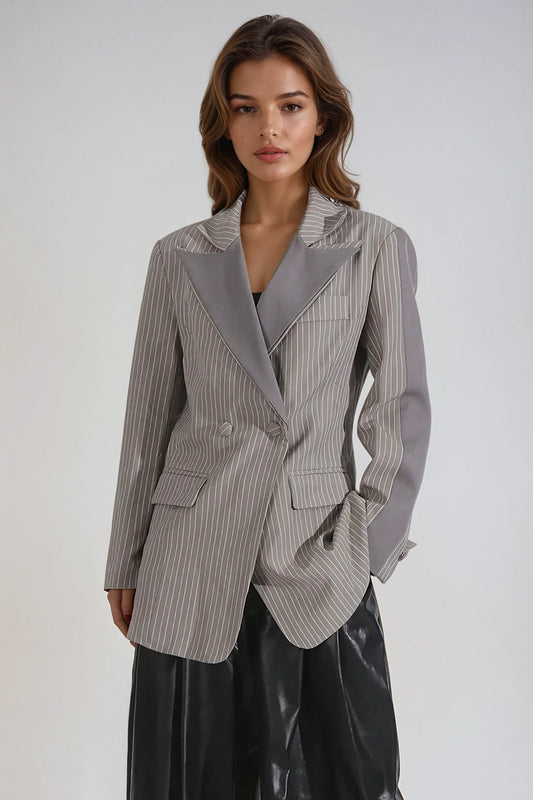 Double-Breasted Blazer with Contrast Panels and Pockets - Gray