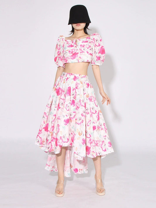 Two-Piece Set with Floral Puff Sleeve Top and High-Low Skirt - Pink