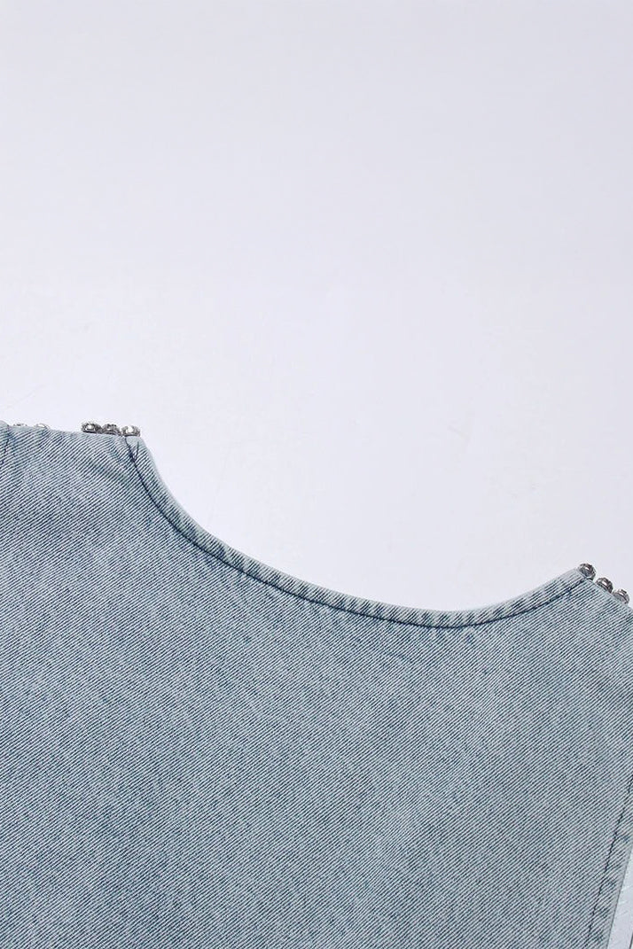 Embellished Deep V-Neck Sleeveless Denim Mini Dress - Blue