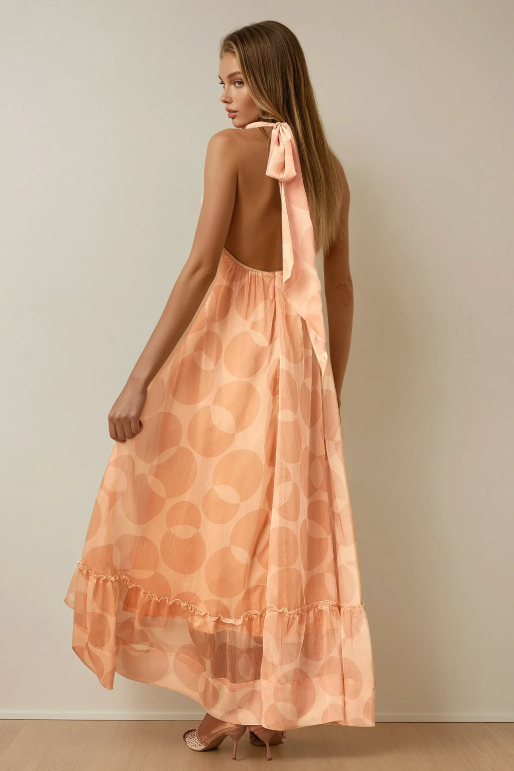 Halter Neck Circle Pattern Maxi Dress - Orange