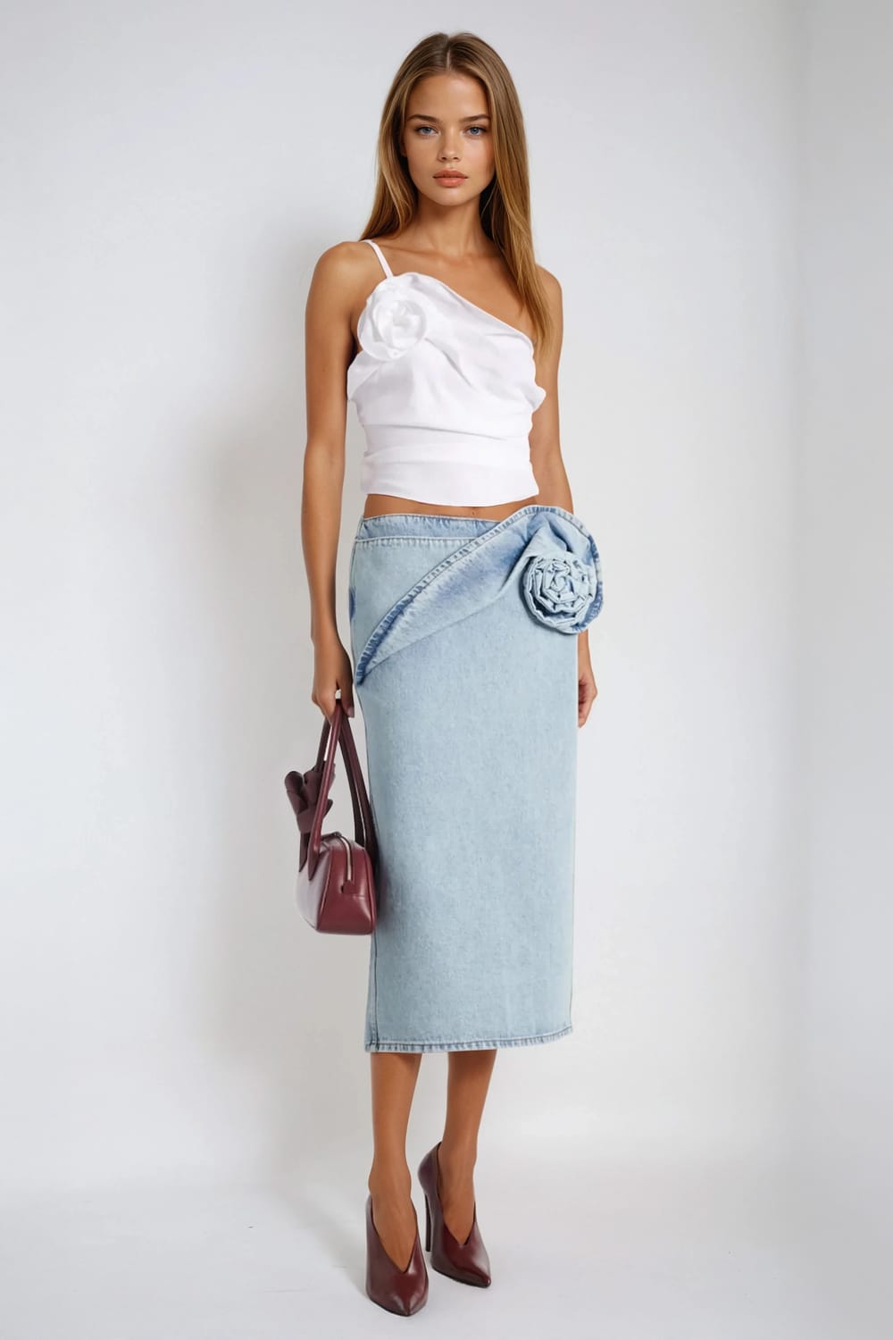 High-Waisted Denim Midi Skirt with Rose Detail - Blue