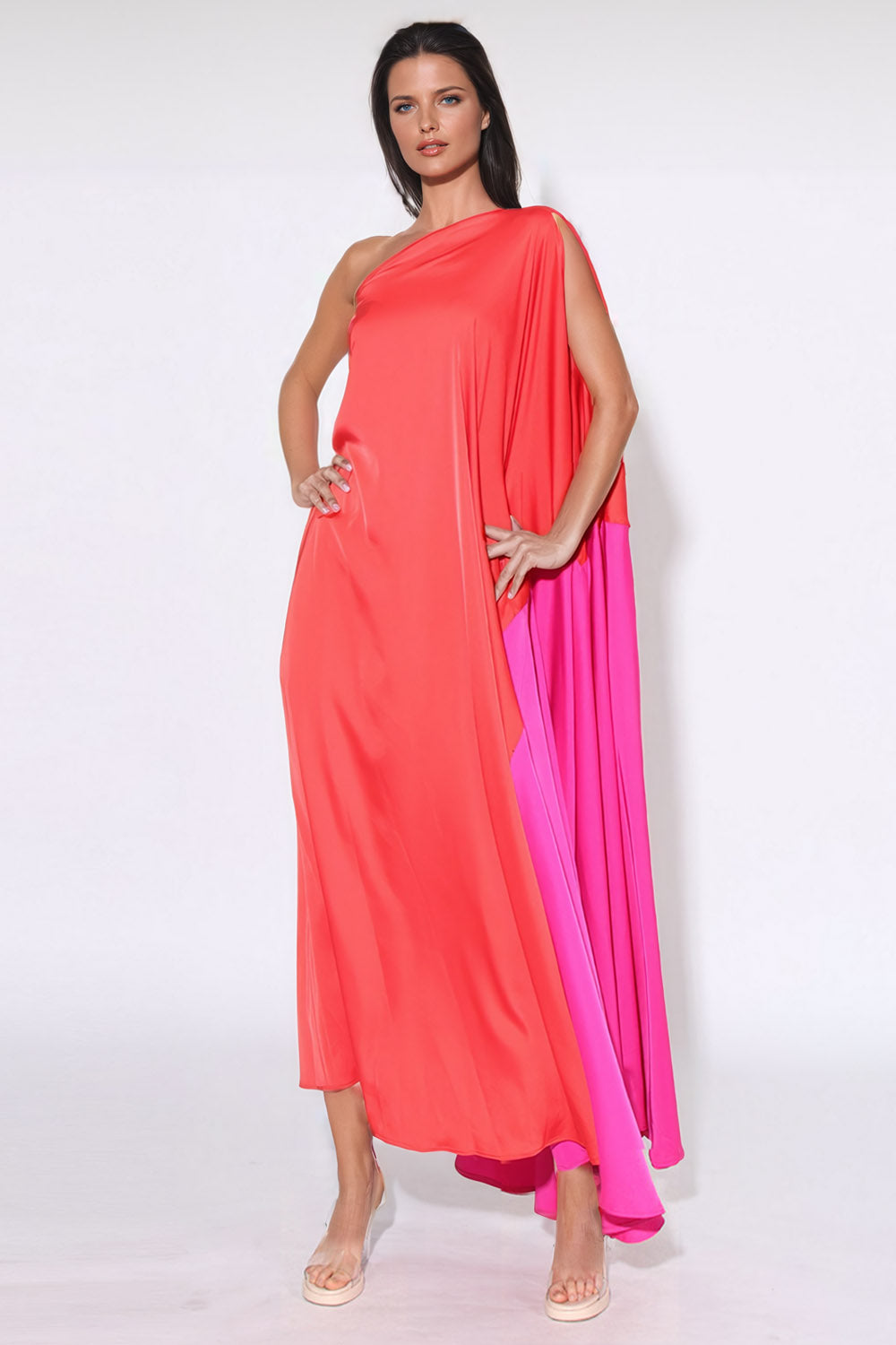 Asymmetrical Maxi Dress with Draped Detailing - Orange