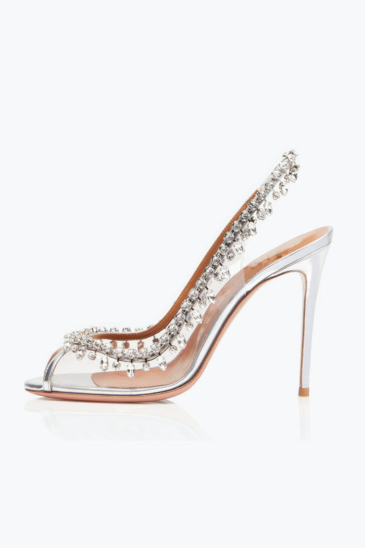 Clear Slingback Heels with Crystal Trim - Silver