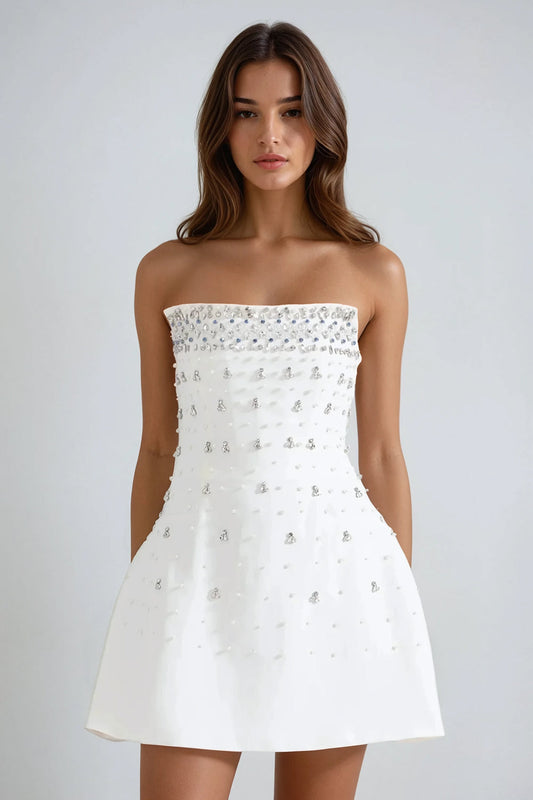Strapless Beaded Mini Dress - White