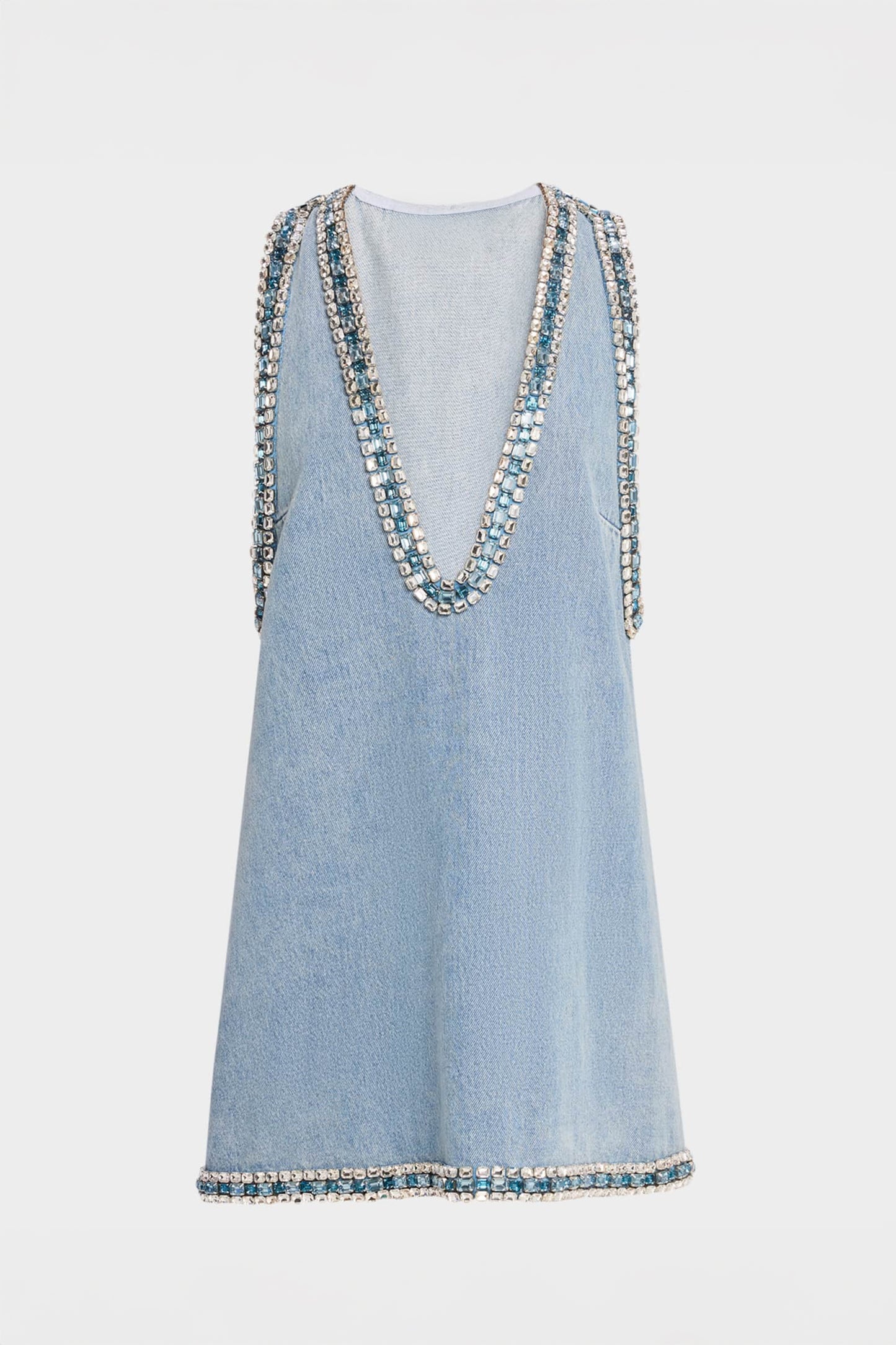 Embellished Deep V-Neck Sleeveless Denim Mini Dress - Blue