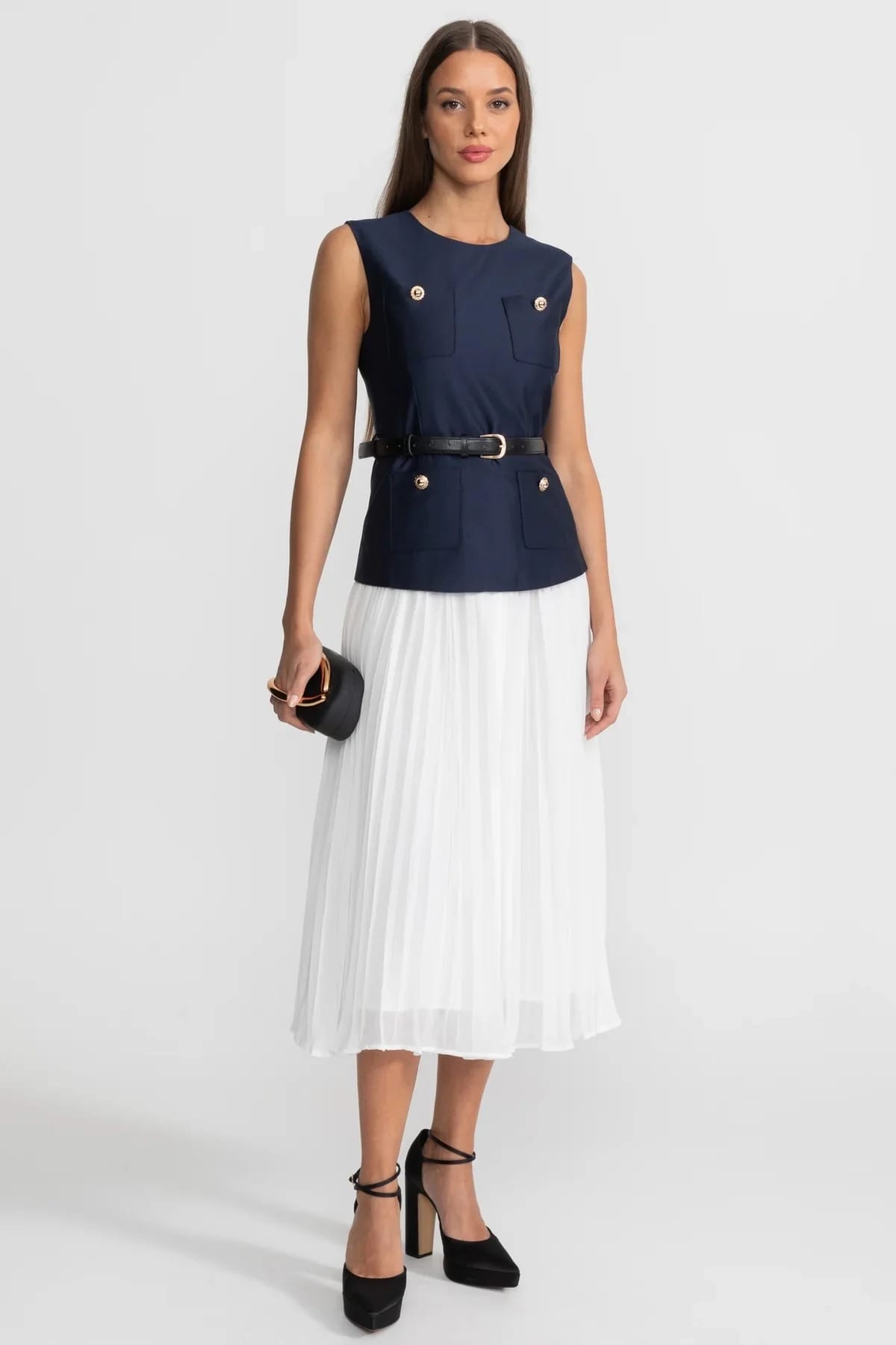 Sleeveless Belted Midi Dress with Pleated Skirt - Blue
