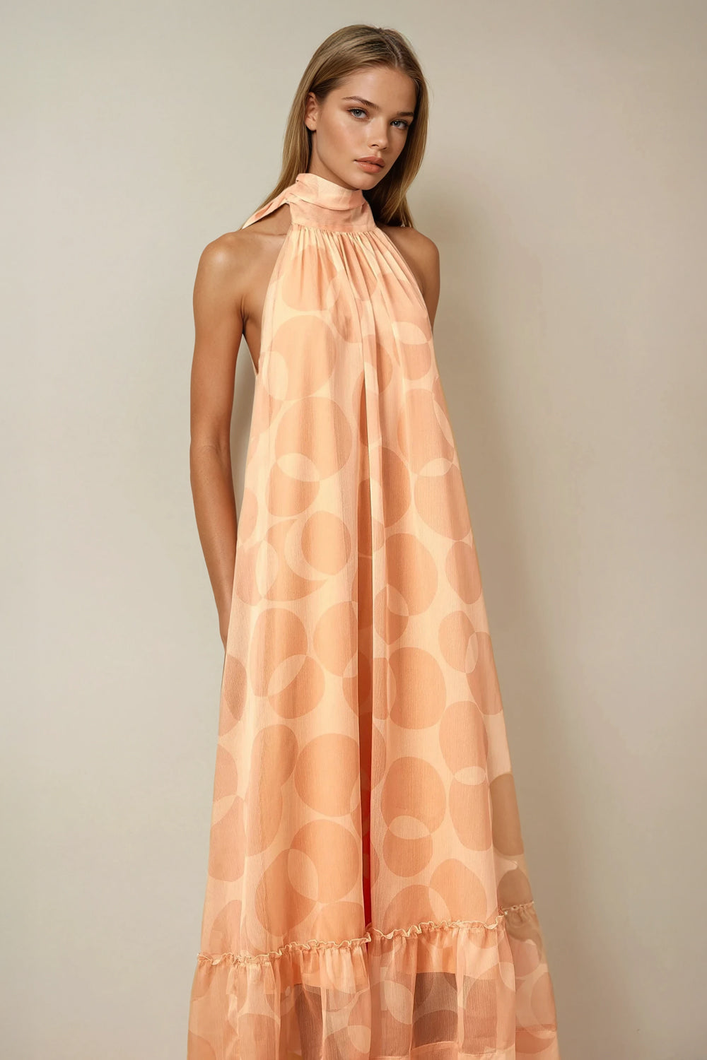 Halter Neck Circle Pattern Maxi Dress - Orange