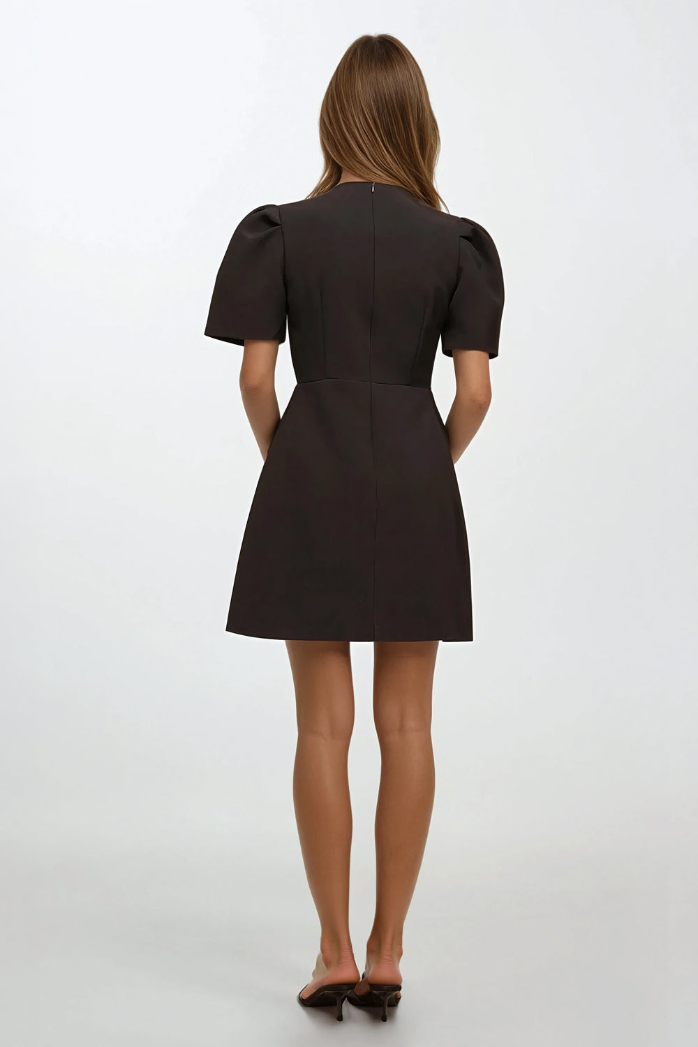 Puff Sleeves Bow Details Mini Dress - Black