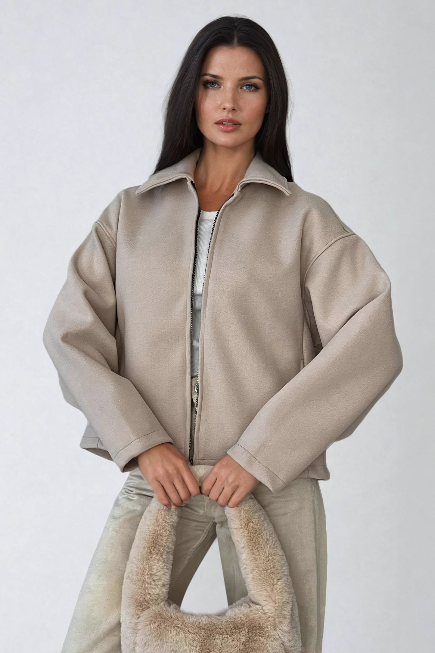 Oversized Collared Jacket - Beige