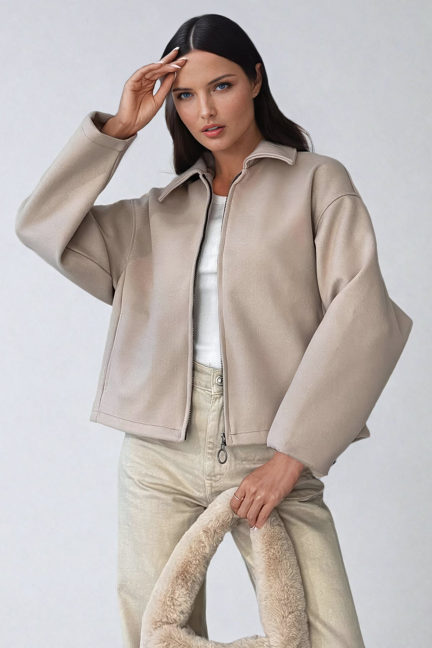 Oversized Collared Jacket - Beige