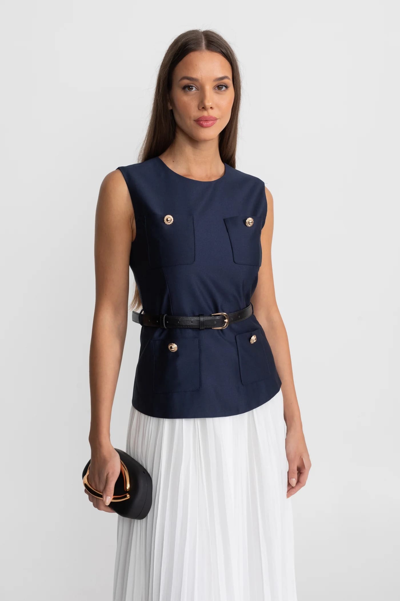 Sleeveless Belted Midi Dress with Pleated Skirt - Blue