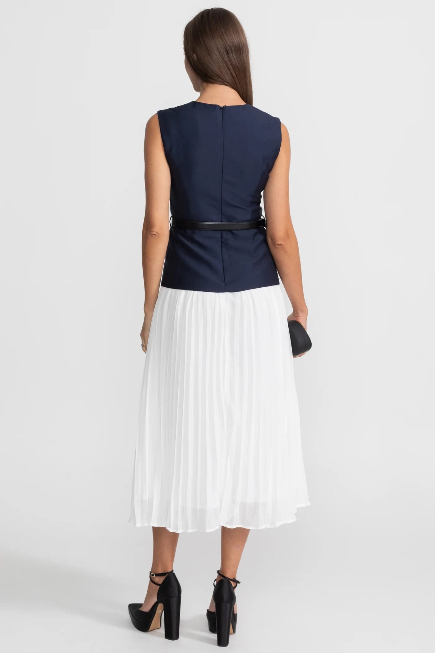 Sleeveless Belted Midi Dress with Pleated Skirt - Blue