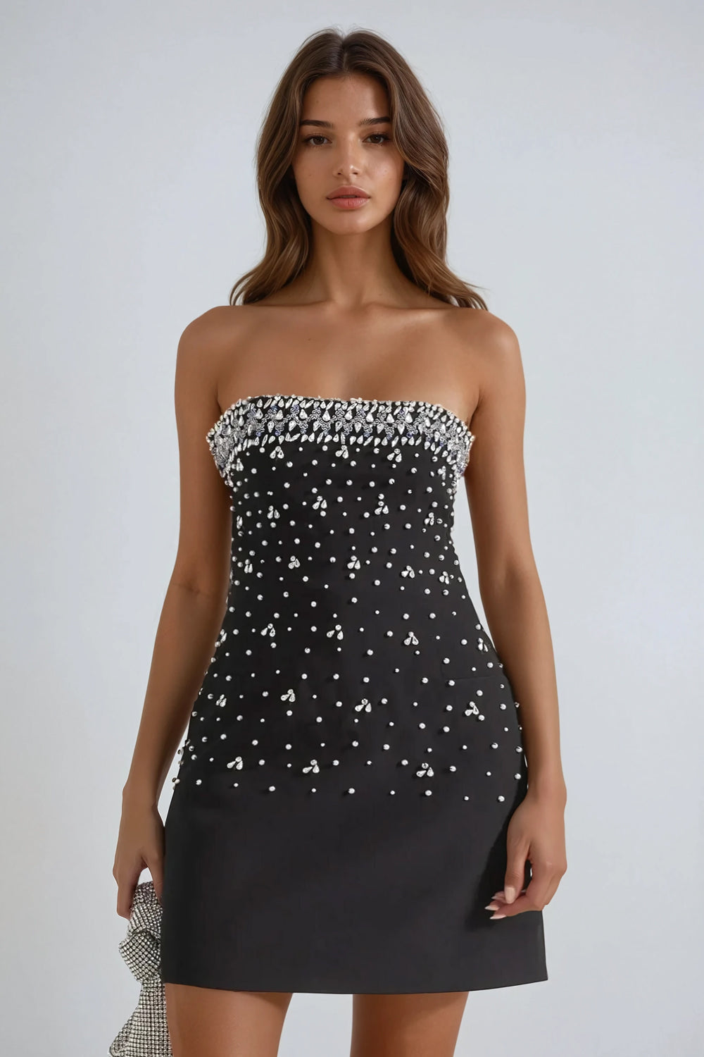 Strapless Beaded Mini Dress - Black