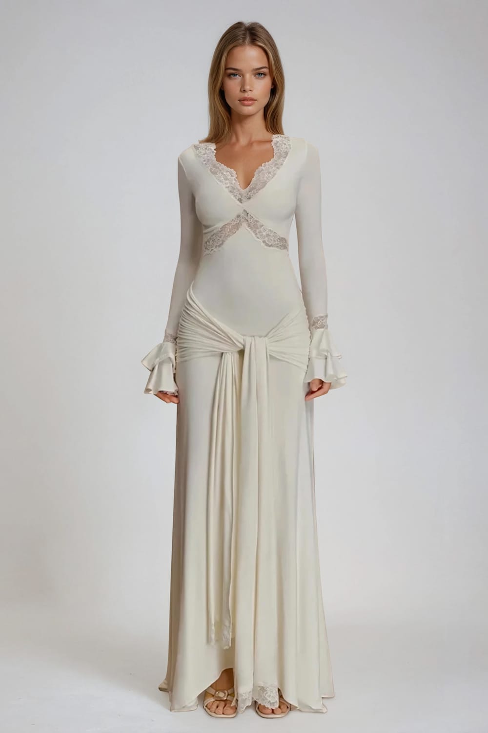 Lace Trim Long Sleeve Maxi Dress - White