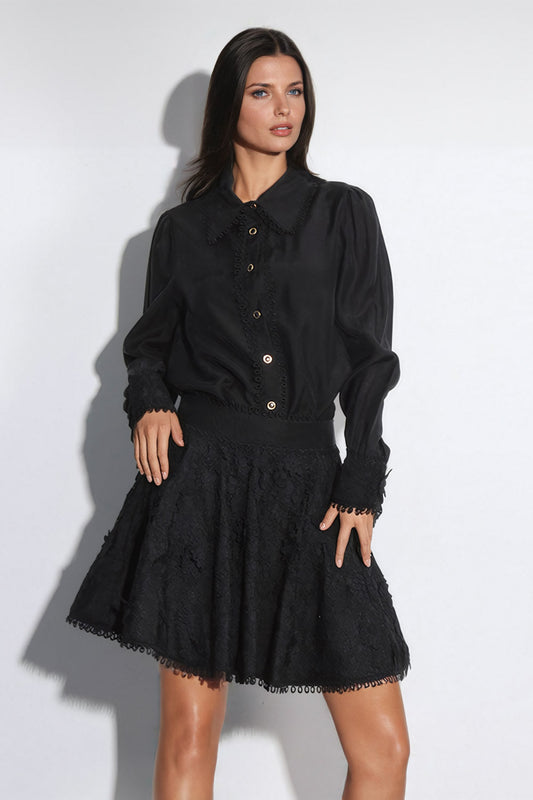 Two-Piece Set with Lace Shirt Accent and Flared Skirt - Black